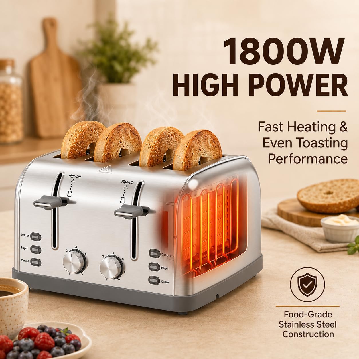 Toaster 4 Slice Retro Stainless Steel,Best Prime 4 Slice Toaster Wide Solt With 7 Shade Settings, Perfect For Waffles, Bagels And More Lainsten T-527