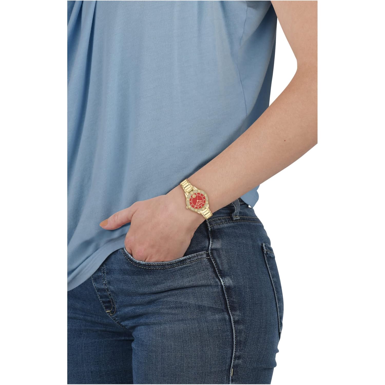 Versus Versace Canton Road Crystal Women'S Watch, 36Mm Ip Yellow Gold Case, Red Enamel Dial, Gold Tone Bracelet, Quartz Movement, Crystal Bezel, 3 Atm Water Resistant