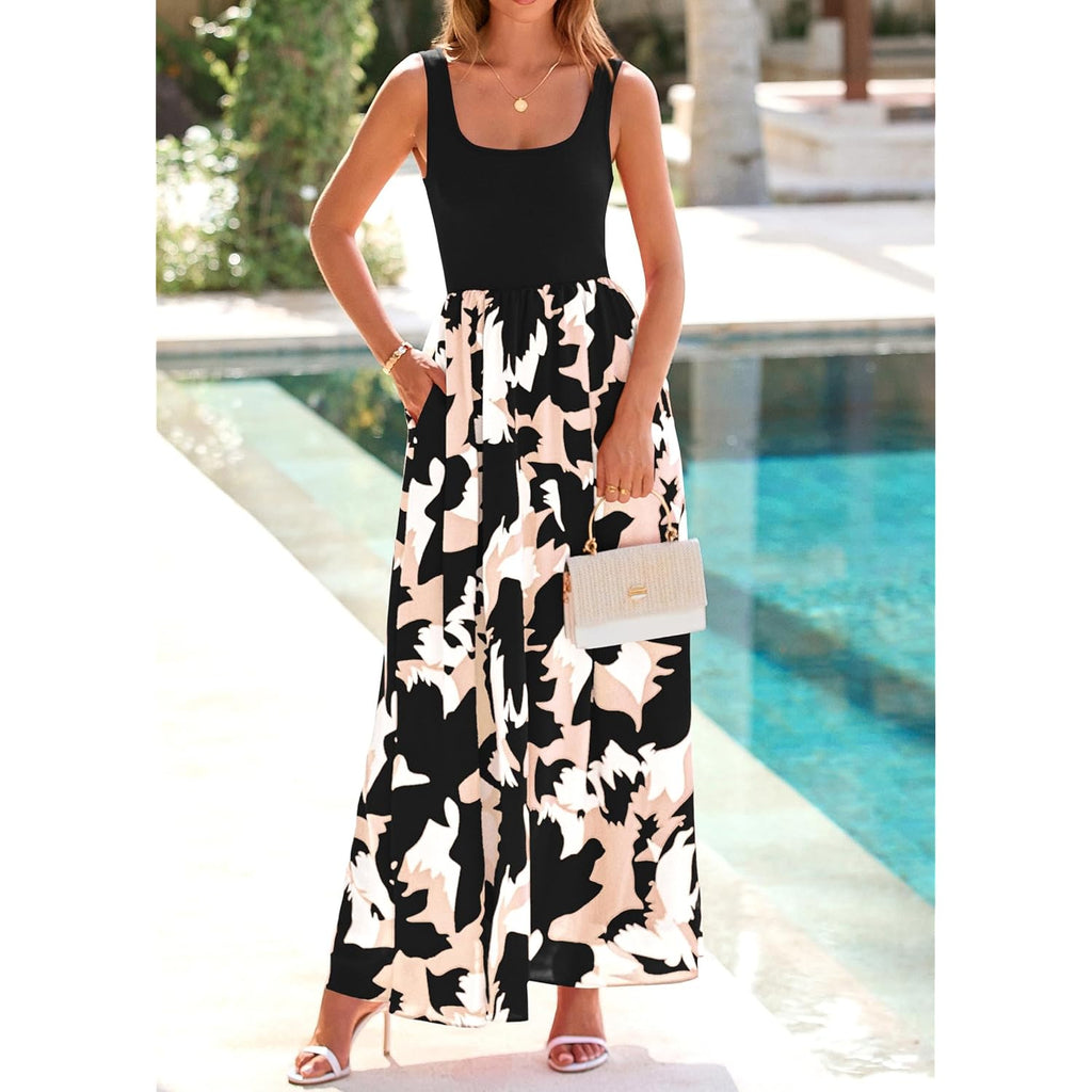 Kirundo Women Summer Maxi Dress Boho Long Sundress, Sleeveless Floral Flowy A Line Scoop Neck Tank,Beach Vacation Resort Wear