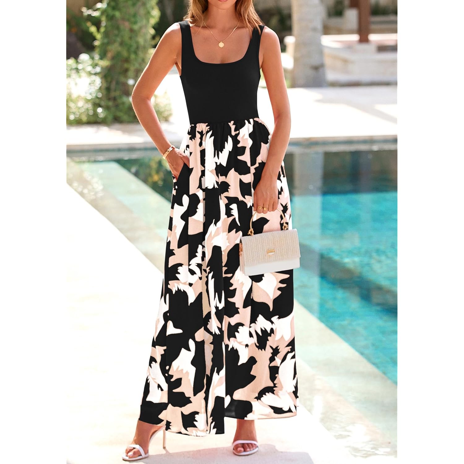 Kirundo Women Summer Maxi Dress Boho Long Sundress, Sleeveless Floral Flowy A Line Scoop Neck Tank,Beach Vacation Resort Wear