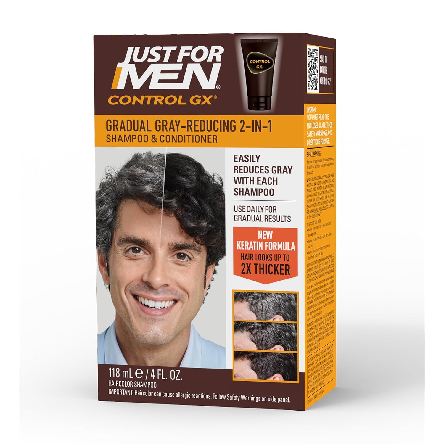 Just for Men Control GX Grey Reducing 2-in-1 Shampoo and Conditioner, Gradual Hair Color with Keratin for Stronger Thicker and Healthier Looking Hair, 4 Fl Oz - Pack of 1 (Packaging May Vary)