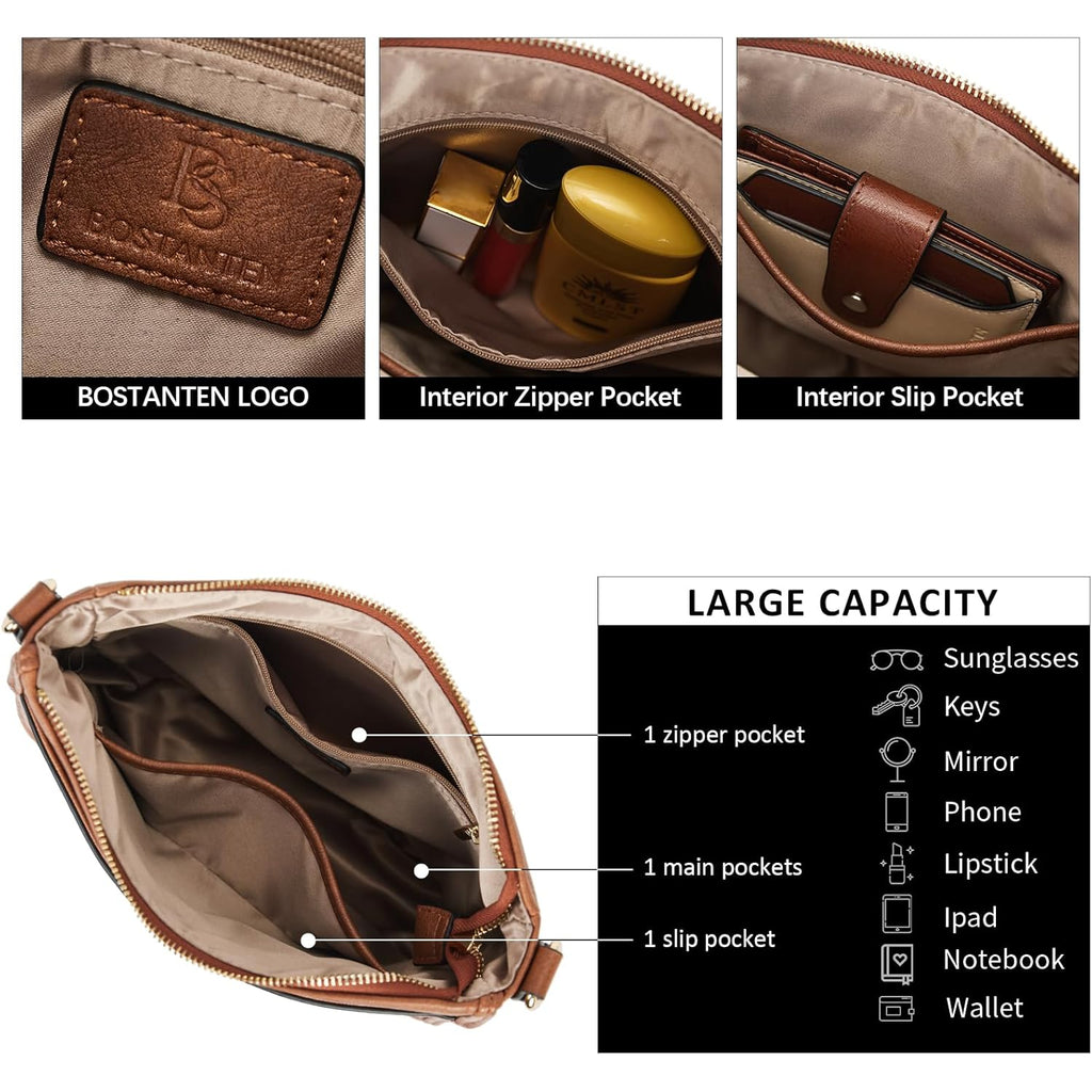 BOSTANTEN Crossbody Bags for Women Trendy Vegan Leather Hobo Purses Shoulder Handbags Wide Shoulder Strap