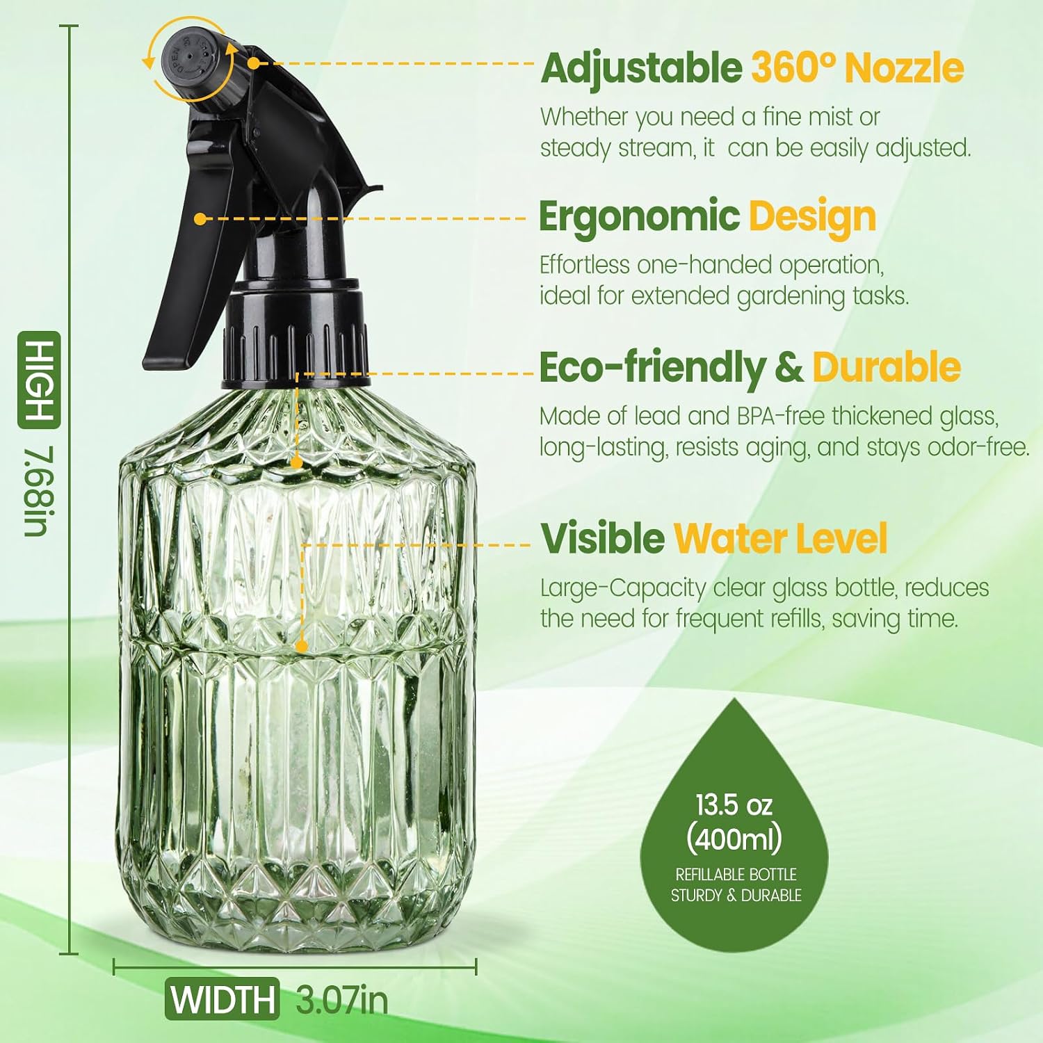Glass Plant Mister Bottle - 13.5 Oz Refillable Leak Proof Water Spray Bottle For Indoor Plants, Spring Gardening,Cleaning, Hair, Pets Care With Adjustable Mist Nozzle (Green)