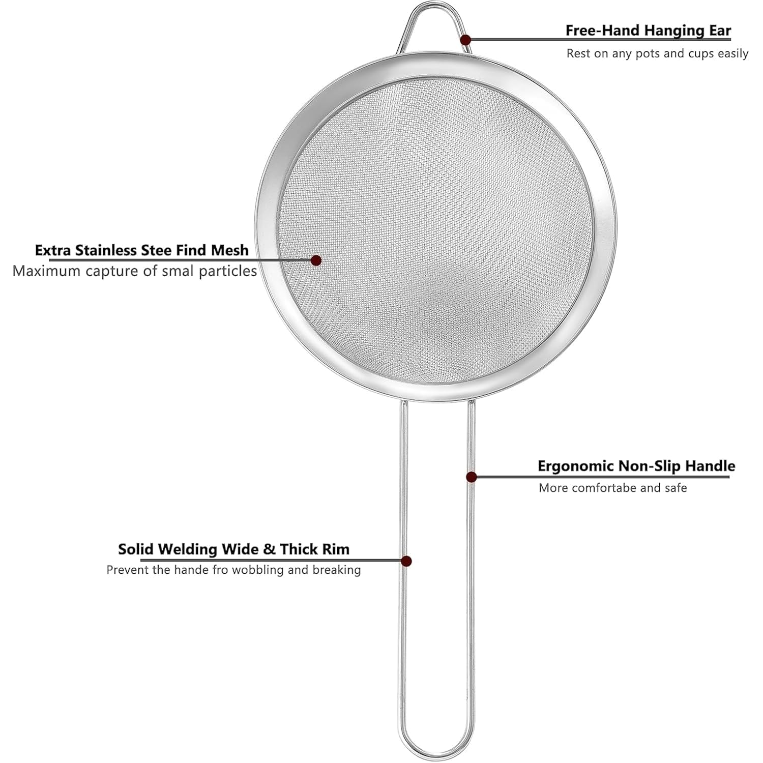 3.35 Inch Silver Fine Mesh Strainer, Stainless Steel Metal Handheld Small Mini Sieve Strainer, Kitchen Food Strainer With Handle For Cocktail, Tea, Coffee And Juice