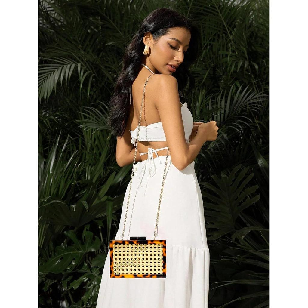 RomanticDesign Women Acrylic Handbag Rattan Woven Pattern Square Box Crossbody Handbag Shoulder Bag Chain Purse