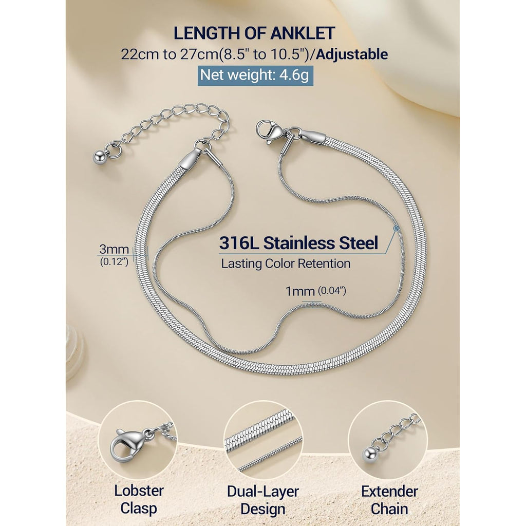 PROSTEEL Ankle Bracelets for Women Waterproof, Layered Stainless Steel Summer Beach anklets, Silver/Gold 8-10.5 Inch Adjustable, Come with Box