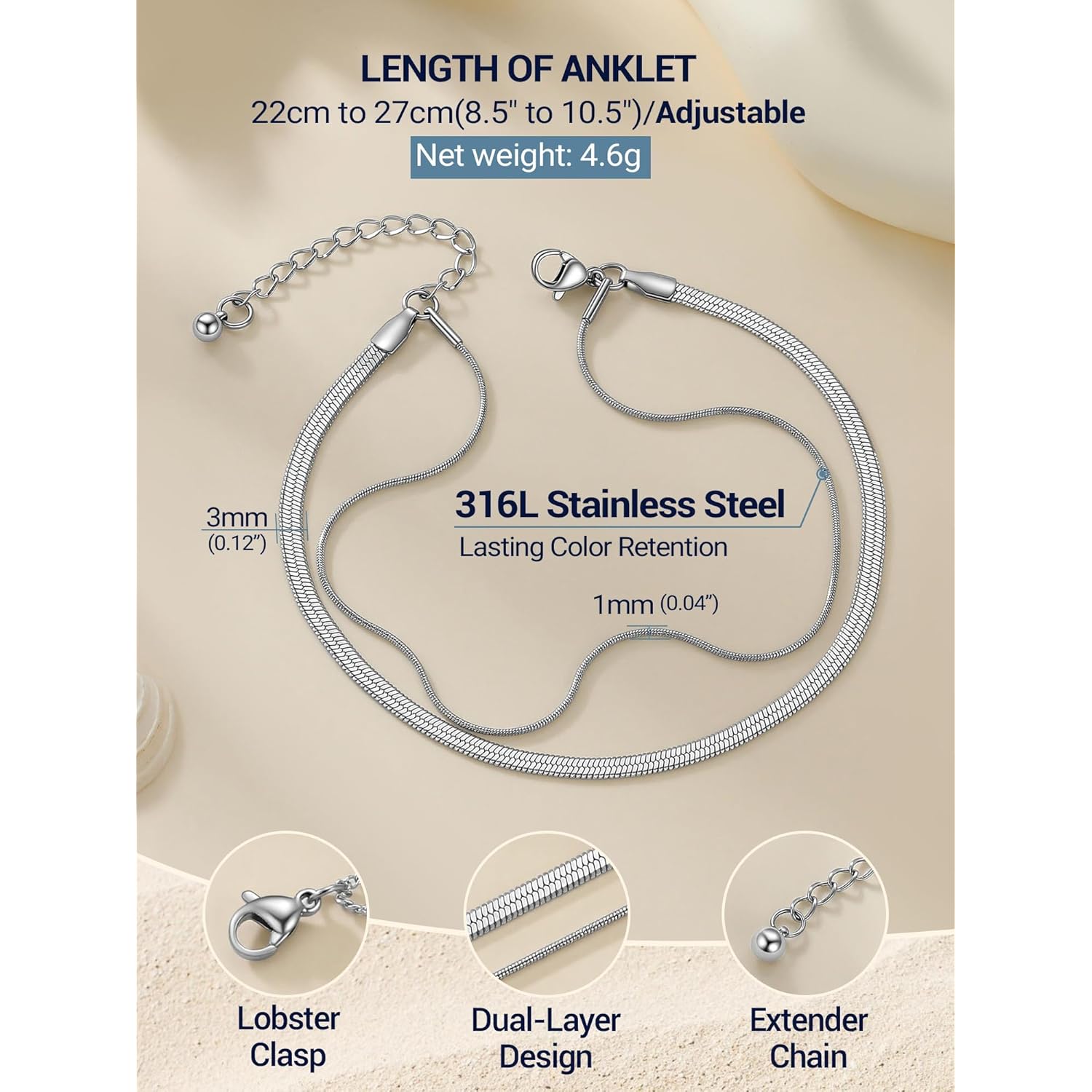 PROSTEEL Ankle Bracelets for Women Waterproof, Layered Stainless Steel Summer Beach anklets, Silver/Gold 8-10.5 Inch Adjustable, Come with Box