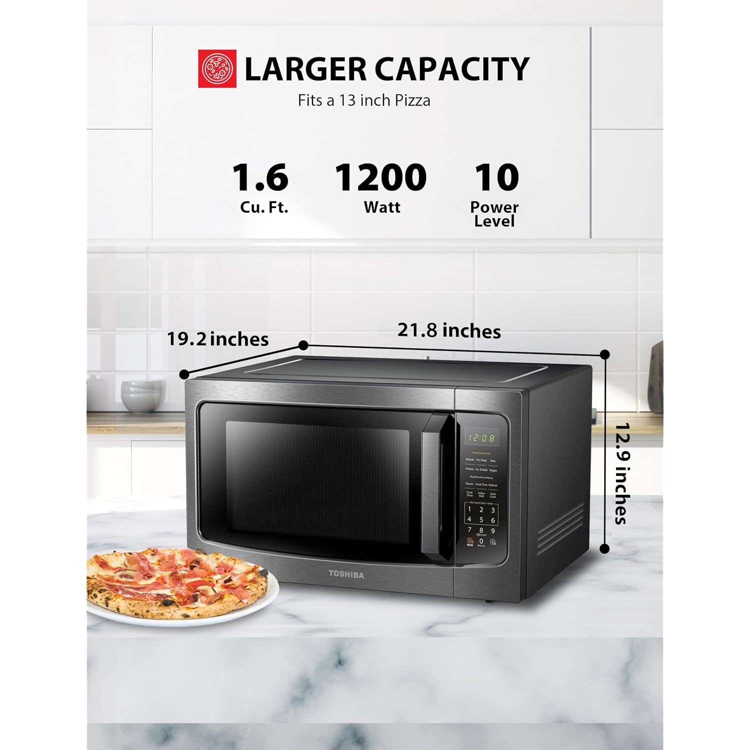 Toshiba Ml-Em45P(Bs) Countertop Microwave Oven With Smart Sensor And 13.6" Removable Position Memory Turntable, Sound On/Off Function, 1200W, 1.6 Cu.Ft, Black Stainless Steel