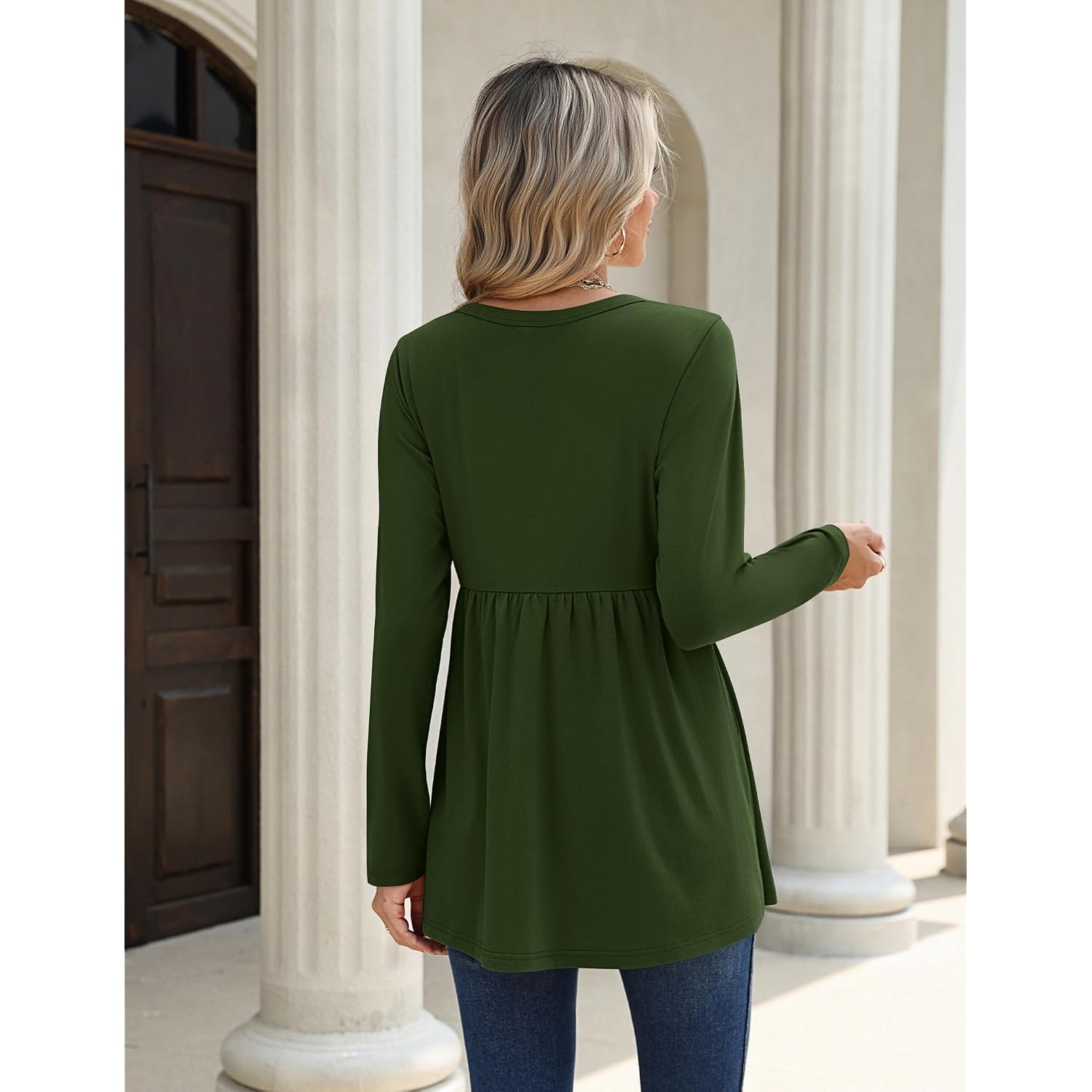 Zeagoo Women Blouses Long Sleeve Shirts Boho Henley V Neck Tops Business Casual Loose Pleated Fashion Clothing