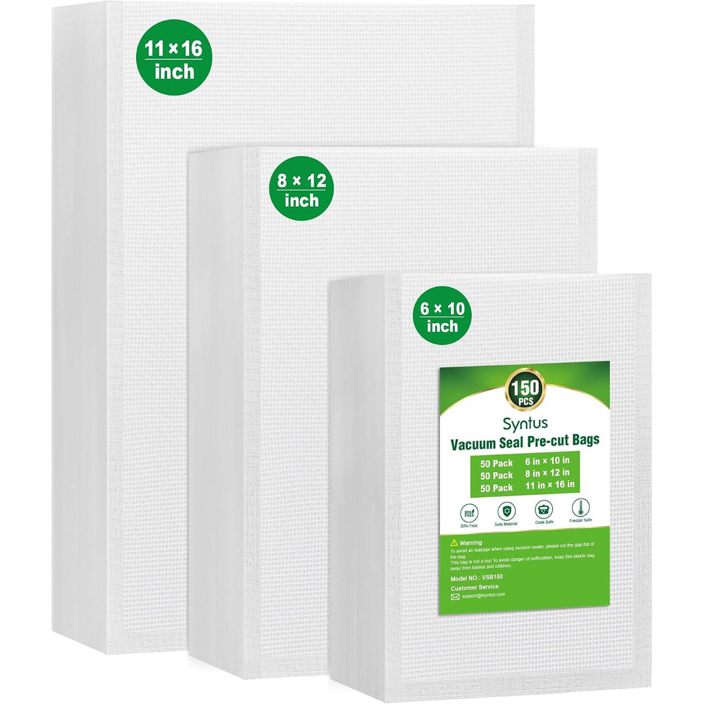 Syntus Vacuum Sealer Bags, 150 Gallon 11" X 16" And Quart 8" X 12" And Pint 6" X 10" Commercial Grade Precut Bag, Bpa Free Food Vac Bags For Storage, Meal Prep Or Sous Vide