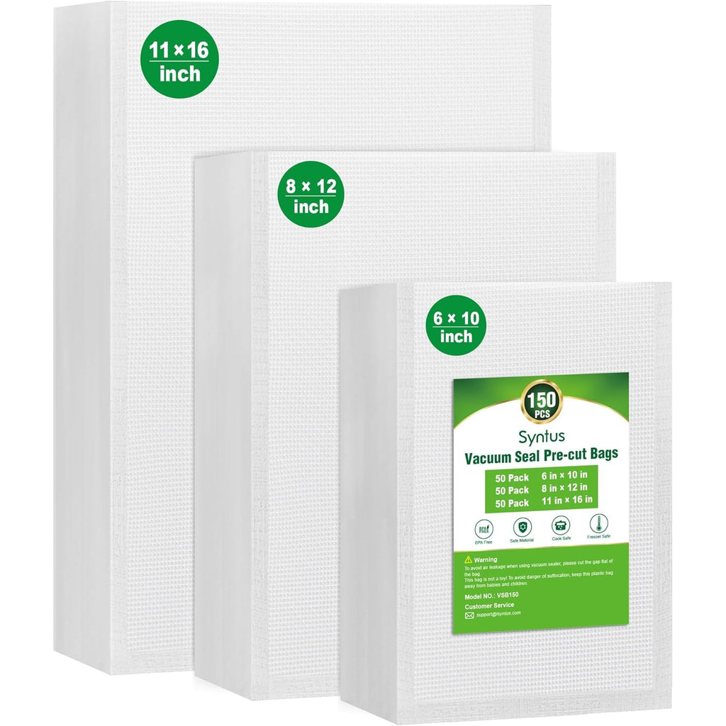 Syntus Vacuum Sealer Bags, 150 Gallon 11" x 16" and Quart 8" x 12" and Pint 6" x 10" Commercial Grade PreCut Bag, BPA Free Food Vac Bags for Storage, Meal Prep or Sous Vide