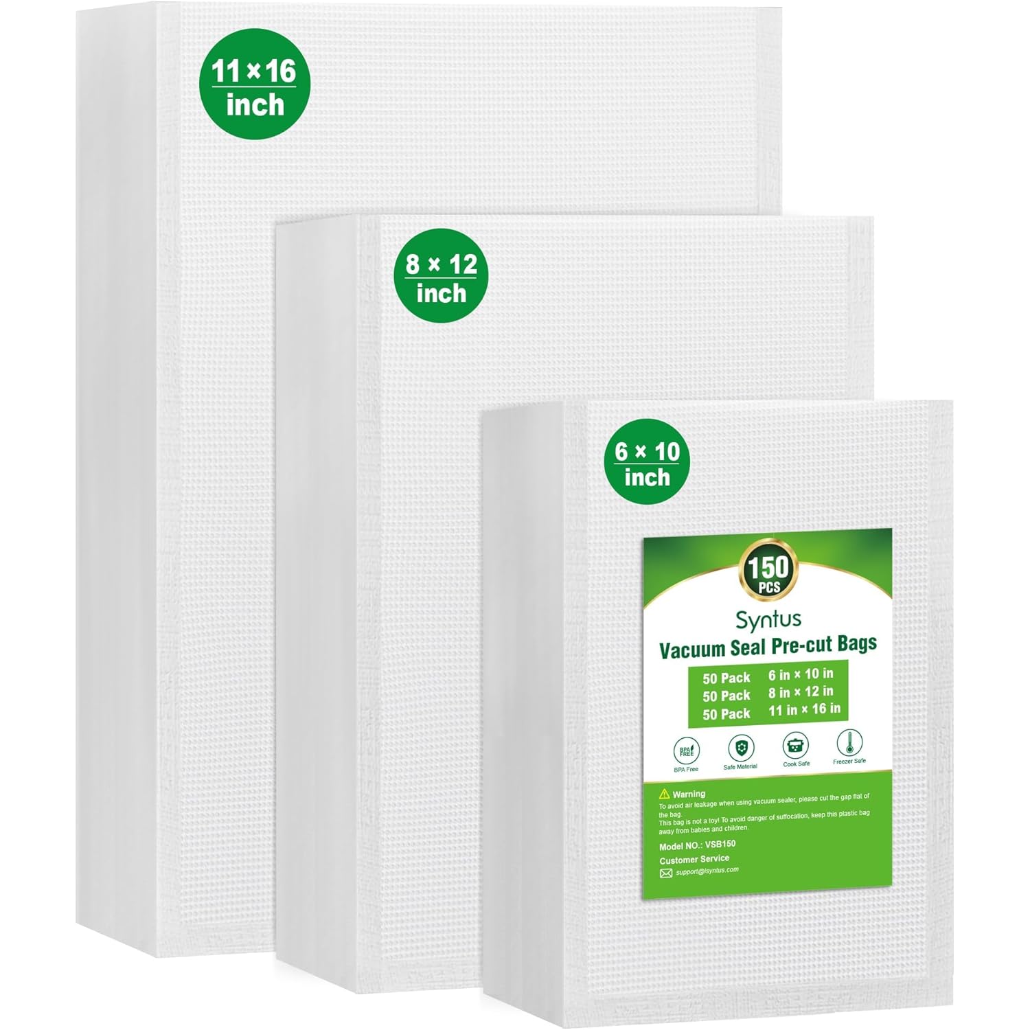 Syntus Vacuum Sealer Bags, 150 Gallon 11" x 16" and Quart 8" x 12" and Pint 6" x 10" Commercial Grade PreCut Bag, BPA Free Food Vac Bags for Storage, Meal Prep or Sous Vide