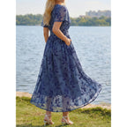 Lillusory Womens Summer Floral Maxi Dress Short Sleeve V Neck Wedding Guest Long Dresses With Pockets