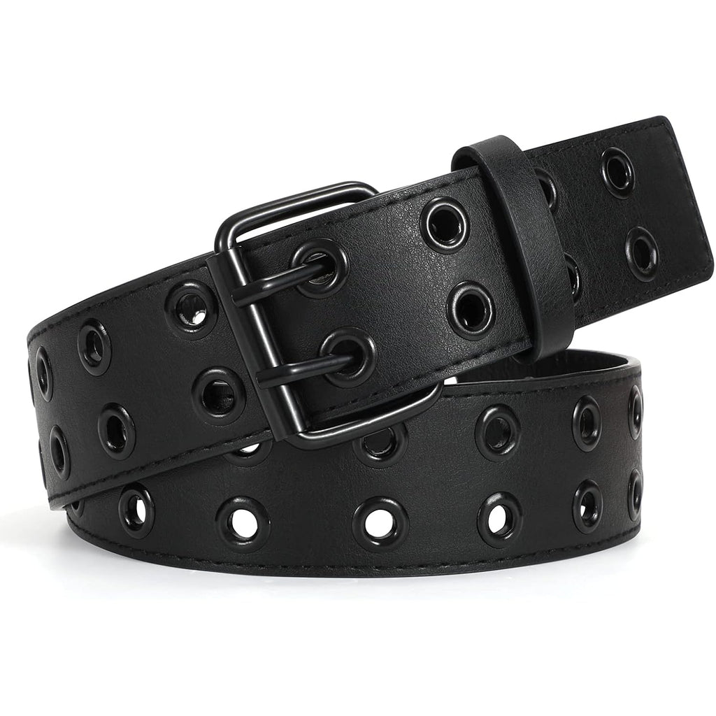 WERFORU Double Grommet Belt PU Leather Punk Belt for Women Men Jeans 2 Hole Belts 1.5 Wide