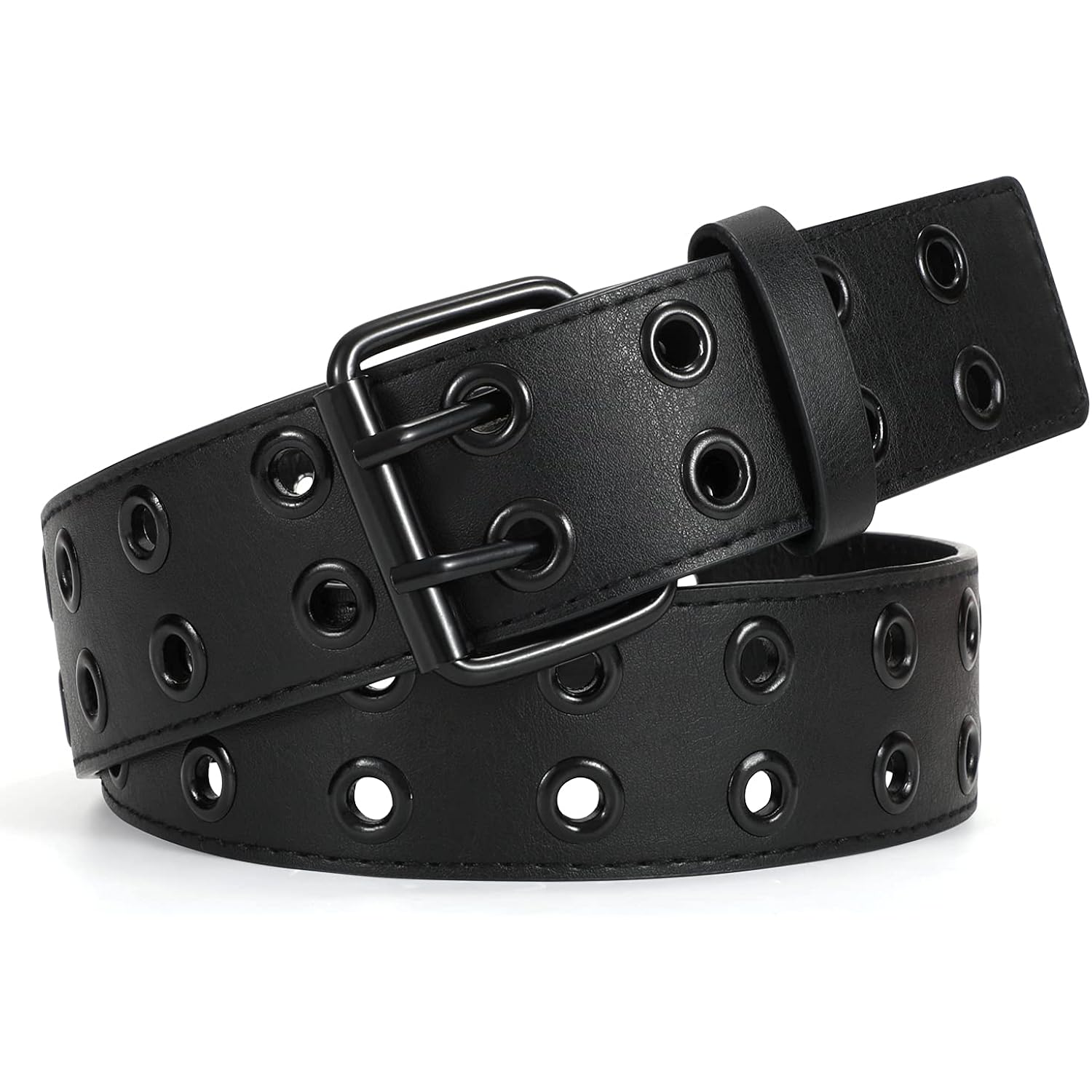WERFORU Double Grommet Belt PU Leather Punk Belt for Women Men Jeans 2 Hole Belts 1.5 Wide