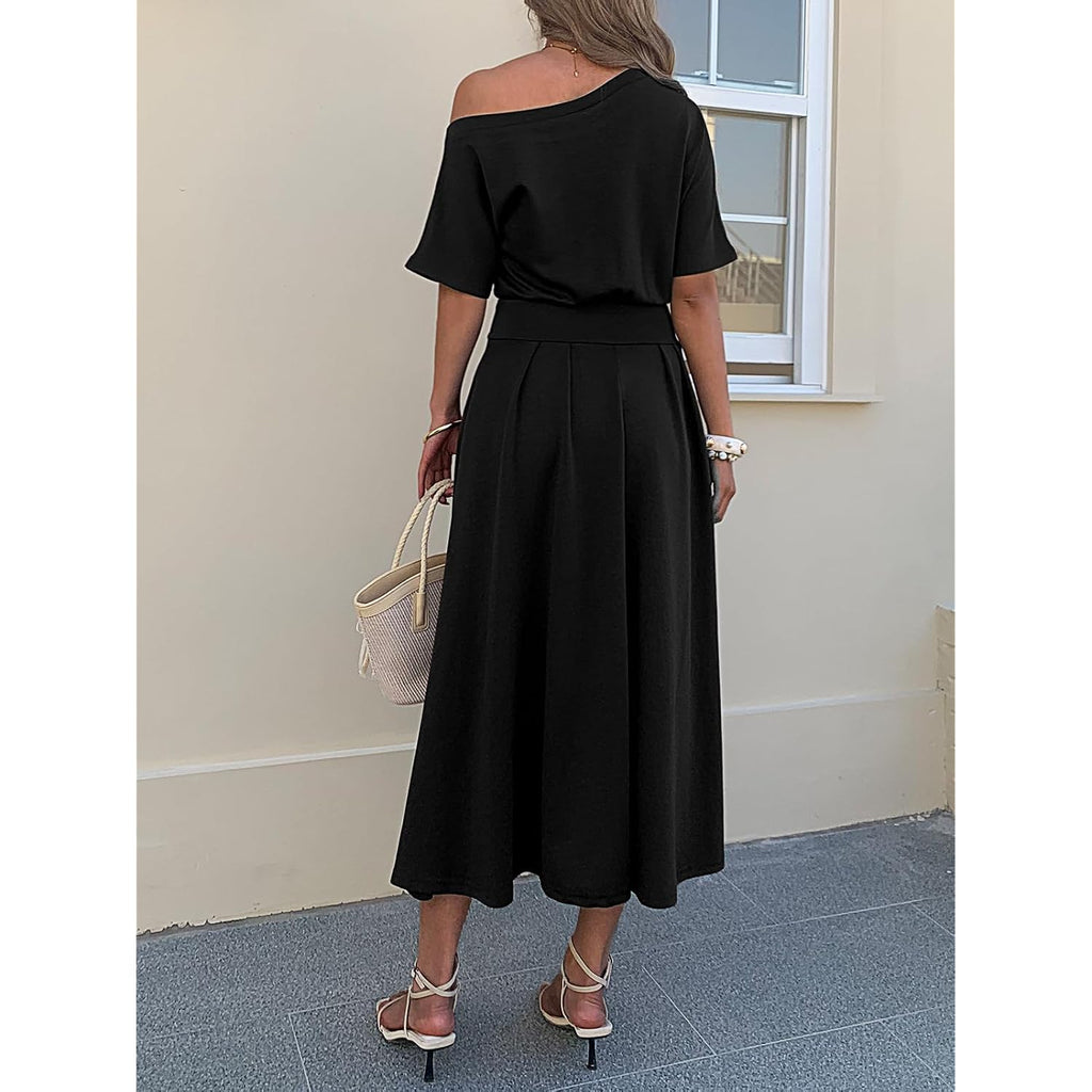 Mieazom Elegant One Shoulder Maxi Dresses For Women Summer Casual Loose Empire Waist Pleated Formal Long Dress With Pockets