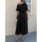Mieazom Elegant One Shoulder Maxi Dresses For Women Summer Casual Loose Empire Waist Pleated Formal Long Dress With Pockets