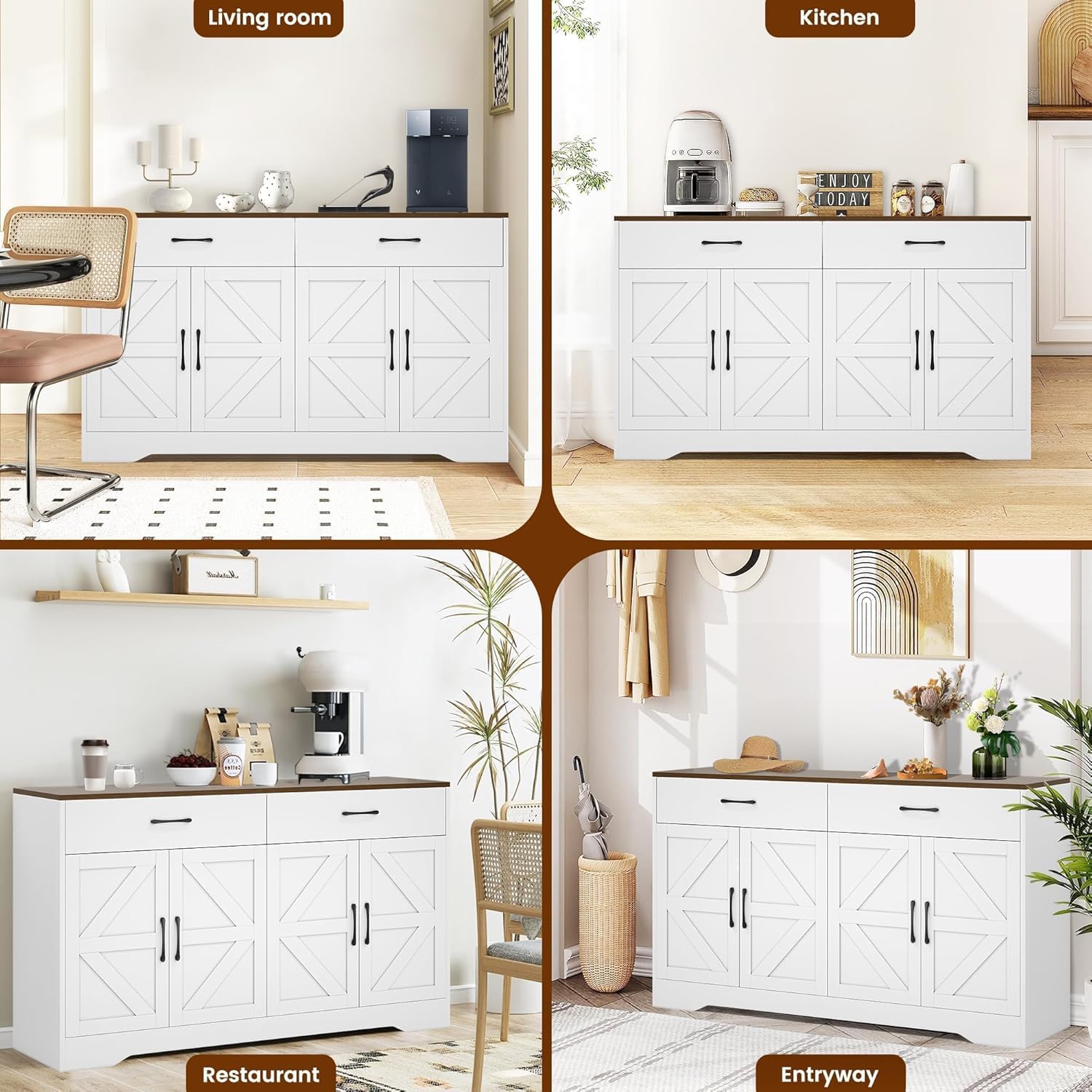 Sideboard Buffet Cabinet With Storage, 55.1" Large Kitchen Storage Sideboard With Drawers & Doors, Modern Wood Farmhouse Coffee Bar Cabinet, Buffet Table For Kitchen, Living Room, White, 55.1Inch