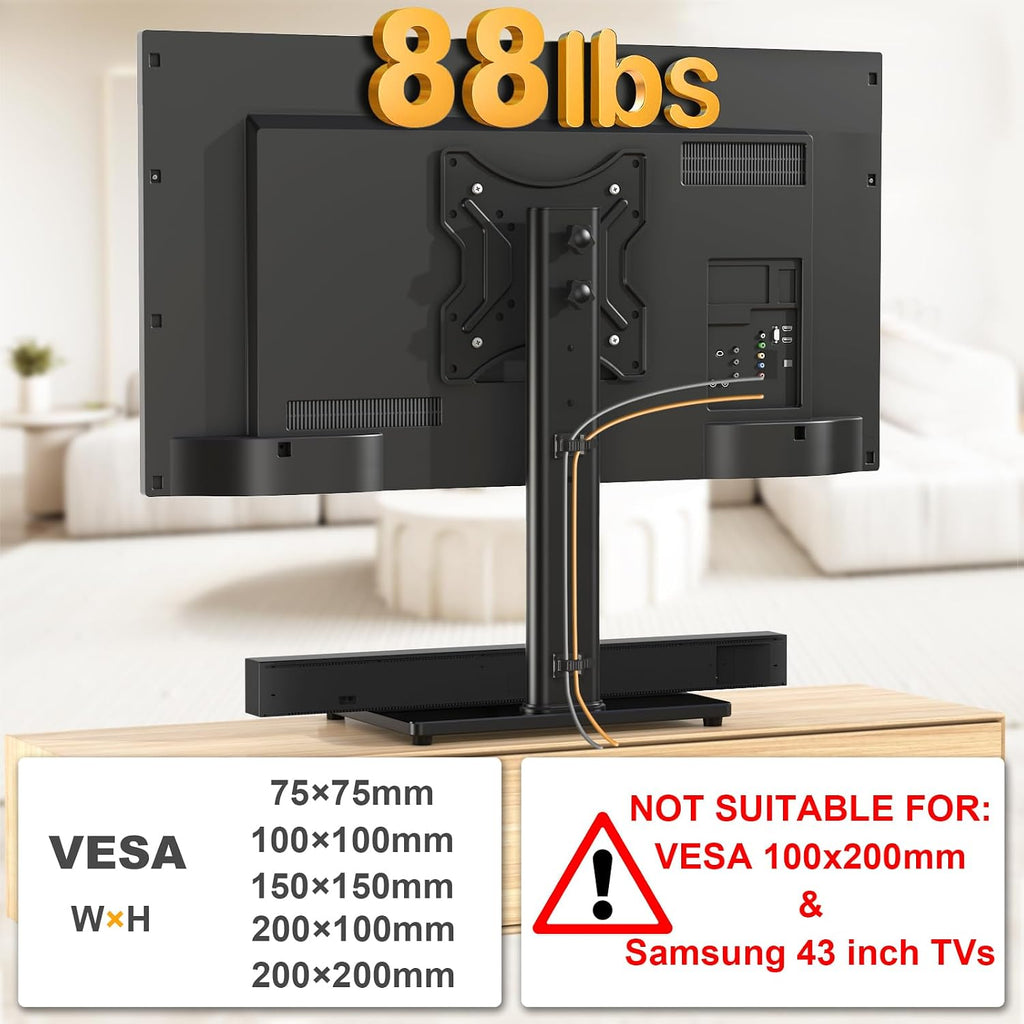 Swivel Table Top Tv Stand For 20-43 Inch Tvs Holds Up To 88 Lbs | Universal Tv Stand Base With 4-Level Height Adjustment And Tempered Glass Base, Max Vesa 200X200Mm, Black