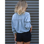 Kwoki Women'S Cropped Denim Shirt Casual Oversized Button Down Jean Tops | Roll Up 3/4 Sleeve, Casual Loose Crop Tops, Adjustable Drawstring Hem, Button Front, Crop Jean Jacket,Lightweight Denim Top