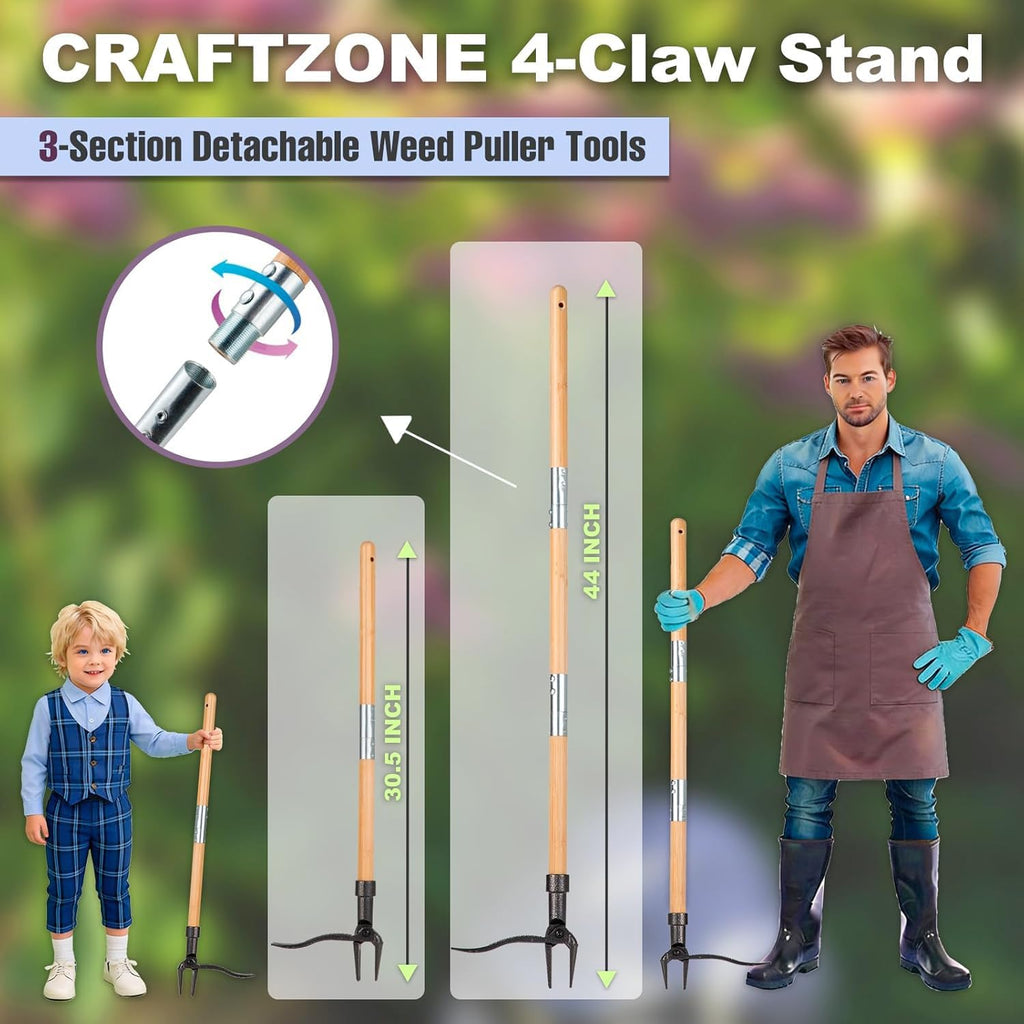 Weed Puller Stand Up Weed Puller Tool With Wooden Long Handle Foot Platform Design 4-Claw Steel Head & Removable 3-Section Pole Garden Tools-Easily Remove Weeds Without Bending Or Kneeling