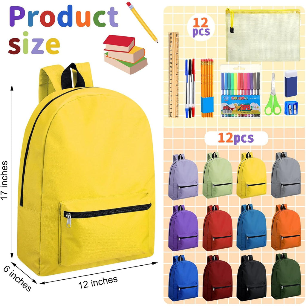 Silkfly 12 Pcs 17" Backpacks With 144 Pcs School Supplies Kits Includes Markers Scissors Rulers Sharpeners Ballpoint Pens Erasers Pencil Cases Pencils For Elementary Middle High School
