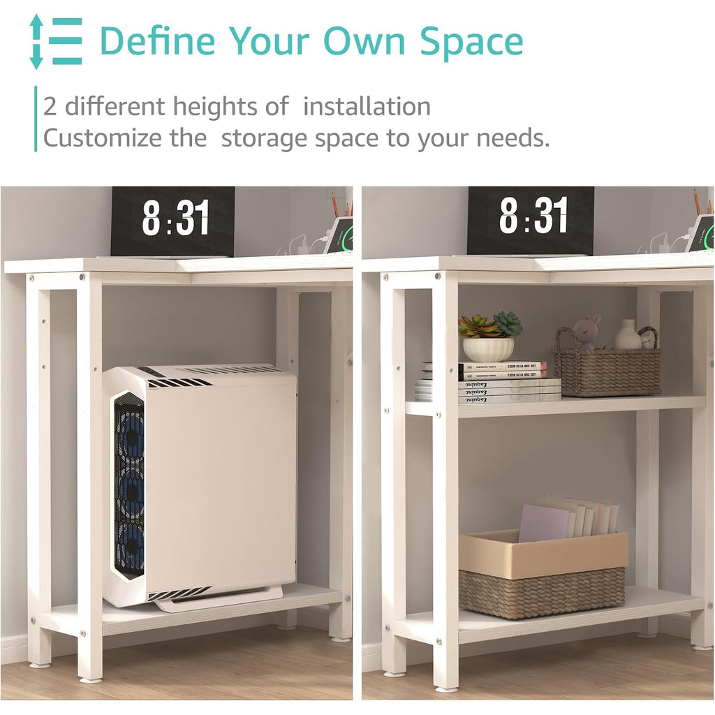 Lufeiya White L Shaped Computer Desk With Drawers & Storage Shelves, 47 Inch Corner Reversible Desk With Power Outlet For Home Office Bedroom, L-Shaped Teen Pc Desks With Fabric Drawer, White