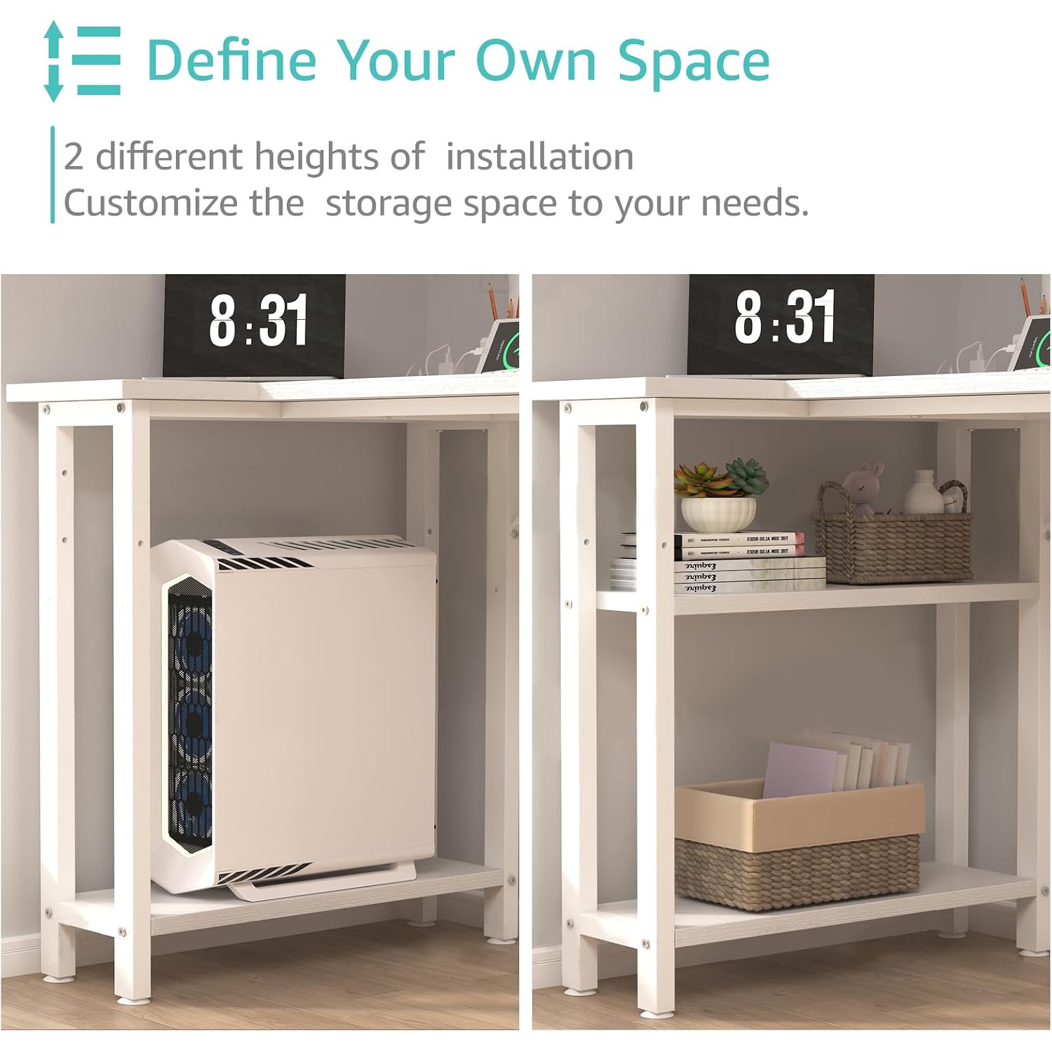 Lufeiya White L Shaped Computer Desk With Drawers & Storage Shelves, 47 Inch Corner Reversible Desk With Power Outlet For Home Office Bedroom, L-Shaped Teen Pc Desks With Fabric Drawer, White