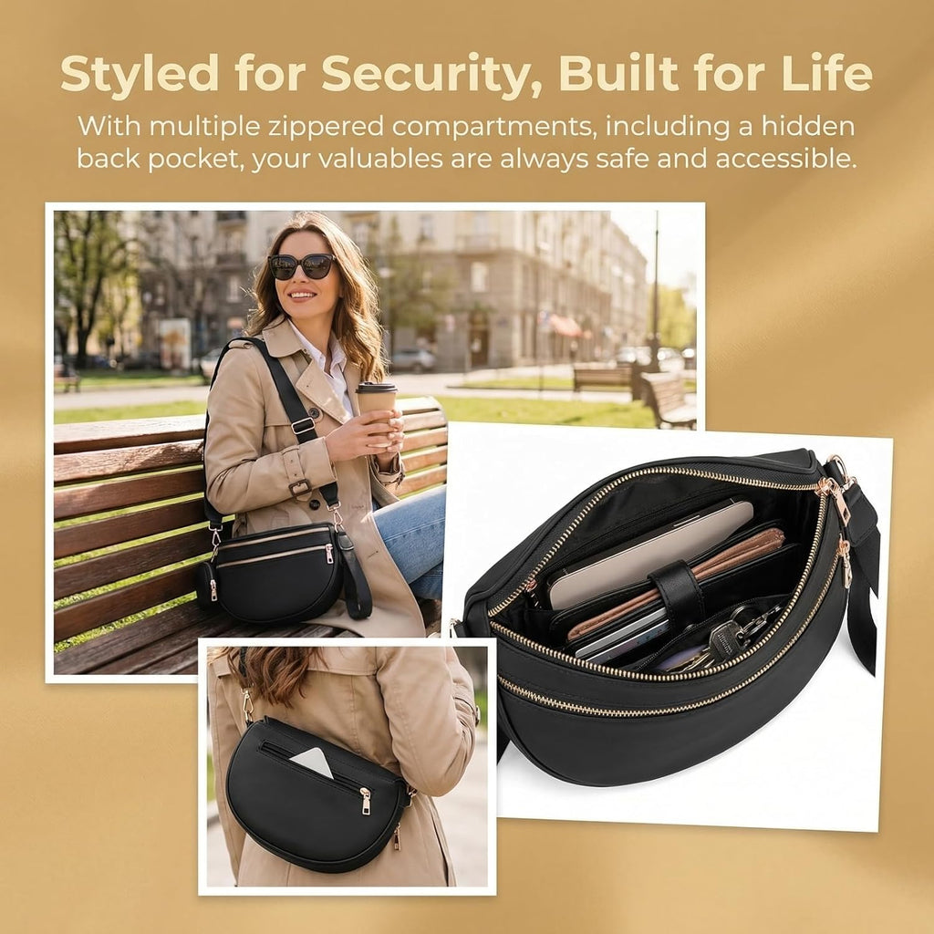 Emmafy Women's Crossbody Bag, Waterproof Oxford Cloth Waist Bag with Adjustable Shoulder Strap (Black)