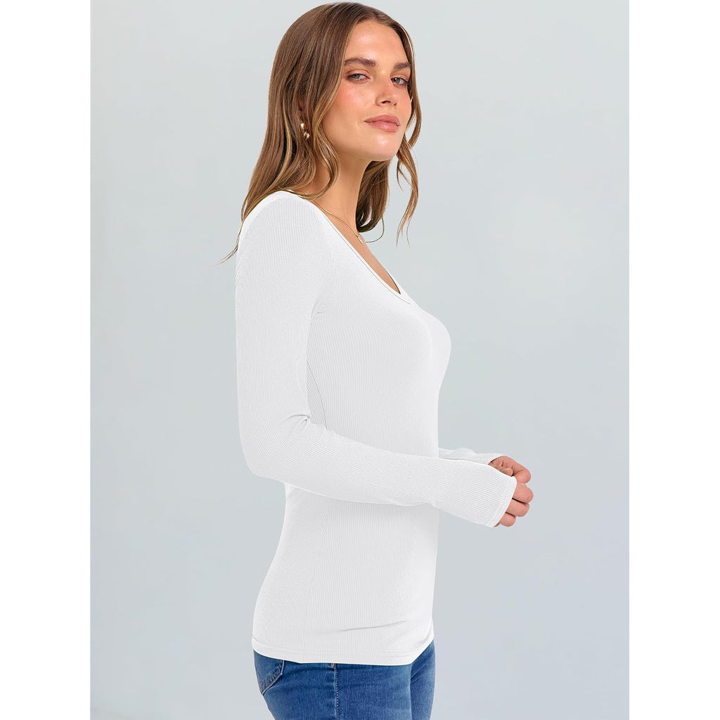 Anrabess Long Sleeve V Neck Shirts For Women | Soft Comfy Ribbed Knit Fitted Tshirts, Casual Going Out Tops, 2026 Trendy Basic, Fall Winter Underscrub Layering Clothes
