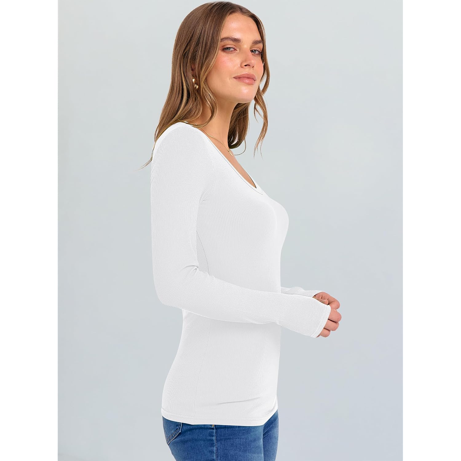Anrabess Long Sleeve V Neck Shirts For Women | Soft Comfy Ribbed Knit Fitted Tshirts, Casual Going Out Tops, 2026 Trendy Basic, Fall Winter Underscrub Layering Clothes
