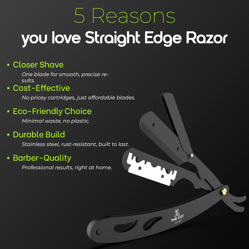 The Cut Factory® Straight Razor for Men Professional Barber Straight Edge Razor for Comfortable Smooth Shave. Gift Box Leather Pouch 20 Single Edge Blades. Our Blades Never Fall