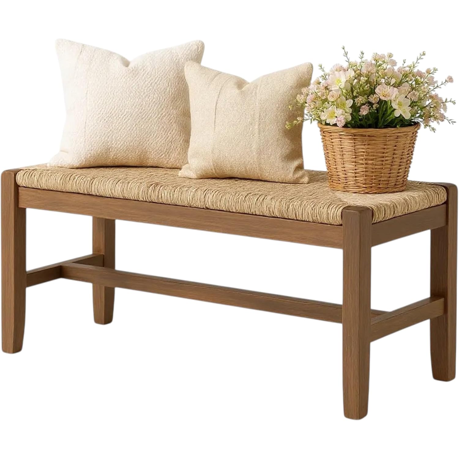 Alaterre Newport Solid Wood Entryway Bench With Rush Seat, Natural | 40” Shoe Bench, Modern Farmhouse Indoor Table Bench With Natural Seagrass Rush Seat, For Mudroom, Dining Room, Or Kitchen
