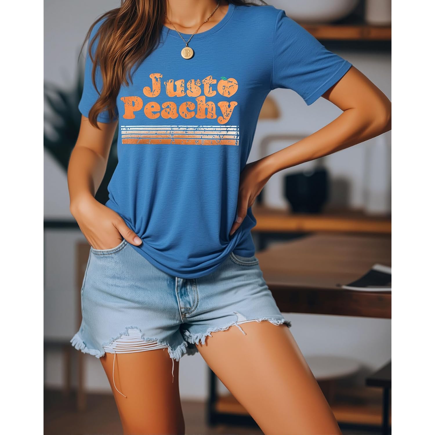 IRISGOD Womens Graphic Tees Casual Summer Short Sleeve Vintage T Shirts Tops 169 Peachy (Navy)