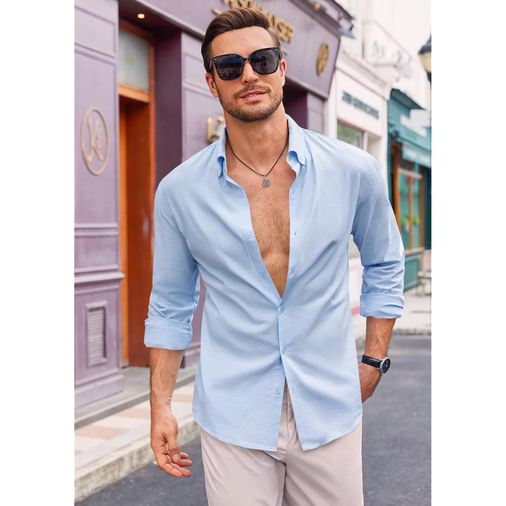 Runcati Mens Button Down Shirt Cotton Linen Casual Long Sleeve Shirts Collared Hippie Beach Tops