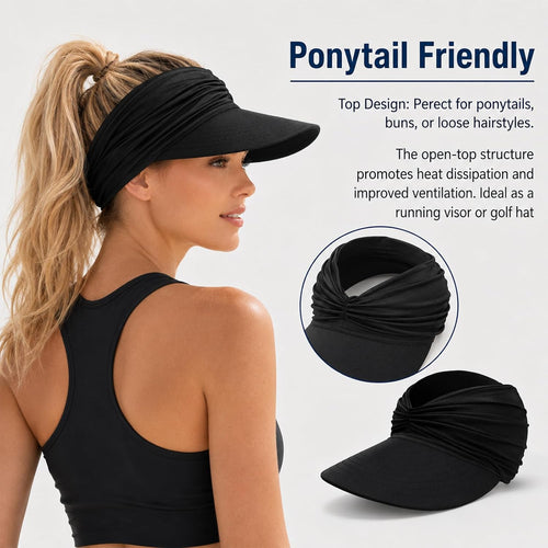 2 Pack Sun Visor Hats For Women, Wide Brim Visor Hat Upf 50+ Uv Protection Lightweight Foldable Elastic Ponytail Cap For Summer Beach, Golf, Sports (Black + White)