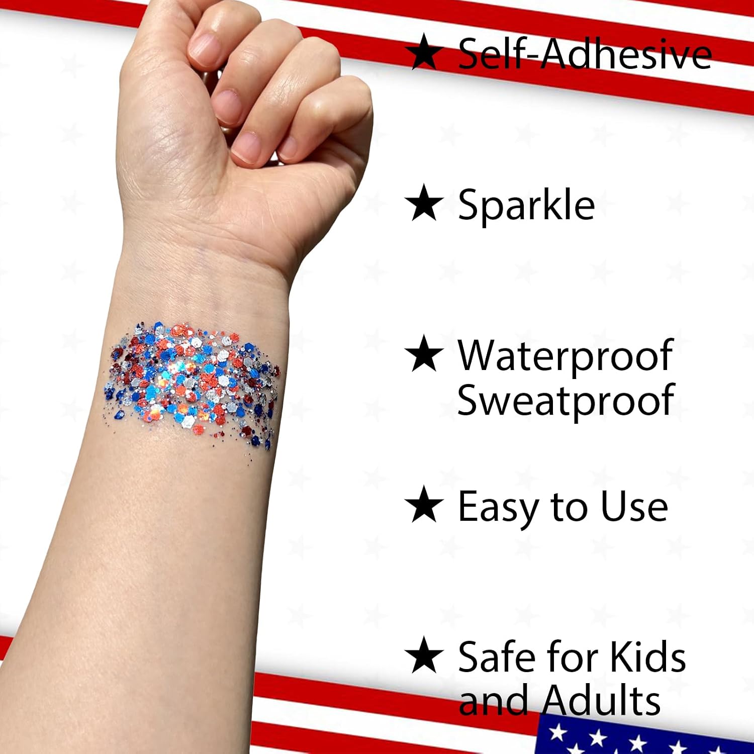 Patriotic Red White and Blue Face Hair Body Glitter Stick,4th of July Outfits and Accessories for Women Kids,USA Flag Makeup for Independence Day 250 Anniversary Memorial Day Veterans Day