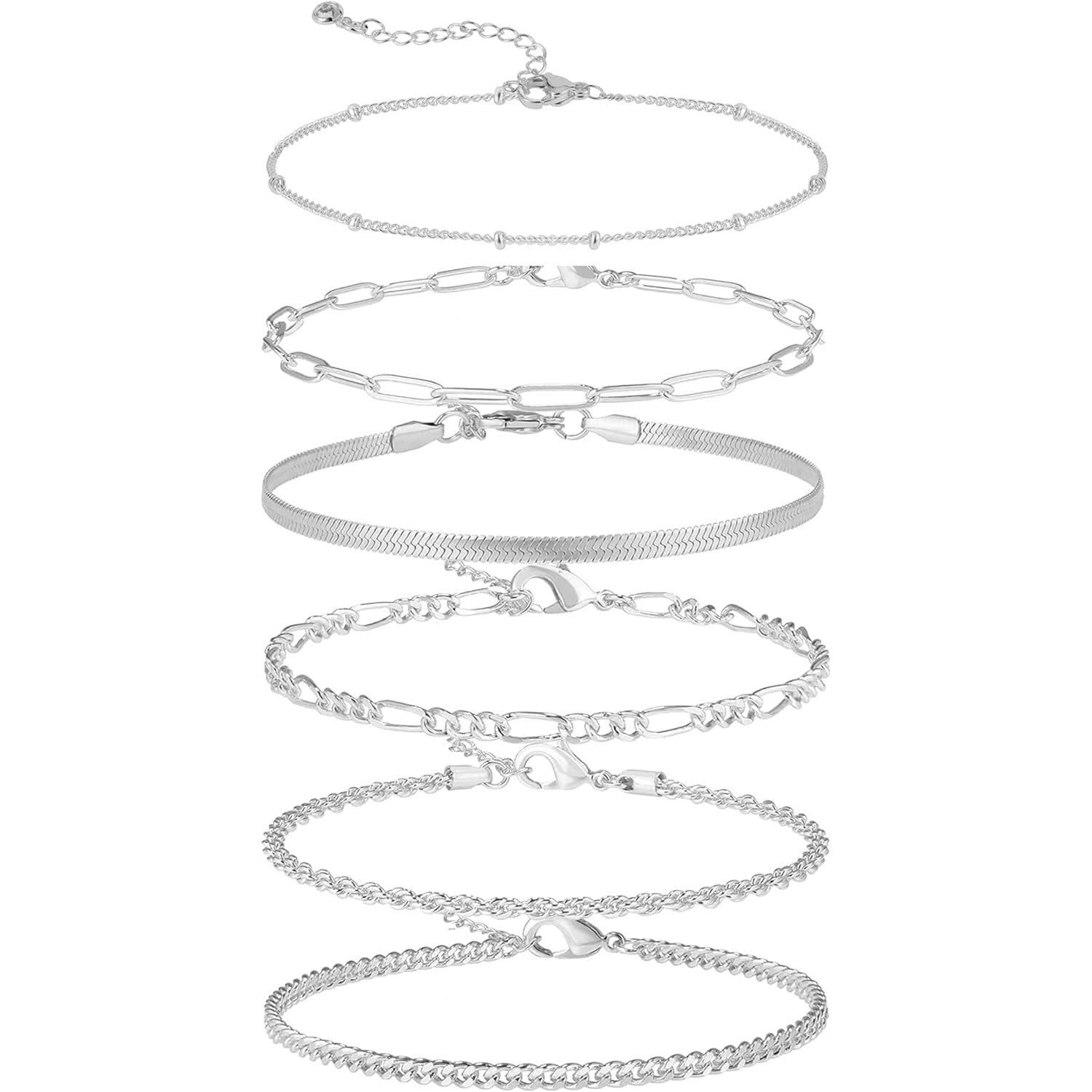 6 PCS Gold Ankle Bracelets for Women, 14k Plated Gold Layered Anklet Set Waterproof Herringbone Paperclip Beaded Figaro Cuban Link Chain Beach Stackable Anklet Bracelet Jewelry Gift for Women