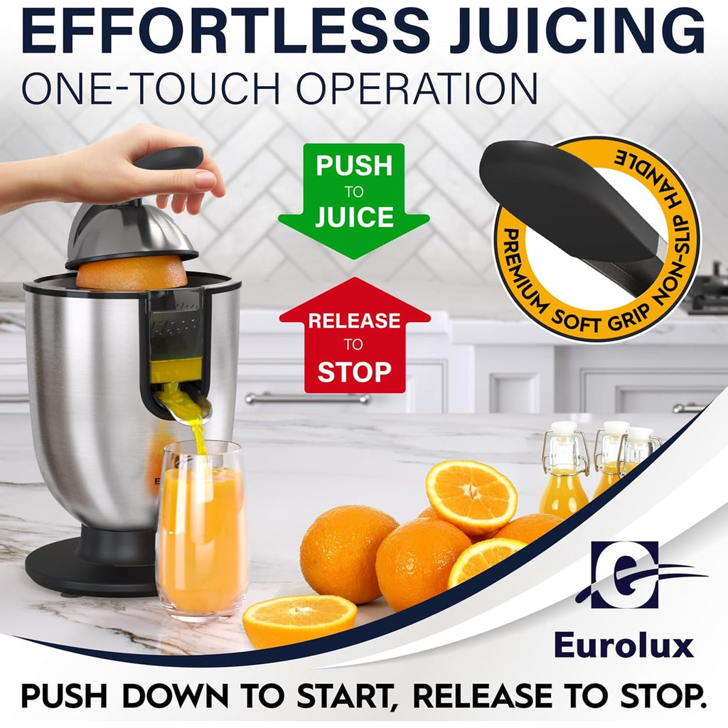 Eurolux Premium Electric Orange Juicer | Stainless Steel Citrus Squeezer With New Ultra-Powerful Motor And Soft Grip Handle For Effortless Juicing, Auto Shutoff, Dishwasher-Safe Parts, Pulp Control
