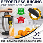 Eurolux Premium Electric Orange Juicer | Stainless Steel Citrus Squeezer With New Ultra-Powerful Motor And Soft Grip Handle For Effortless Juicing, Auto Shutoff, Dishwasher-Safe Parts, Pulp Control