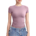 Pumiey Women'S Crew Neck Short Sleeve Tops Double Lined Slim Fit T Shirts Basic Tee Smoke Cloud Pro Collection