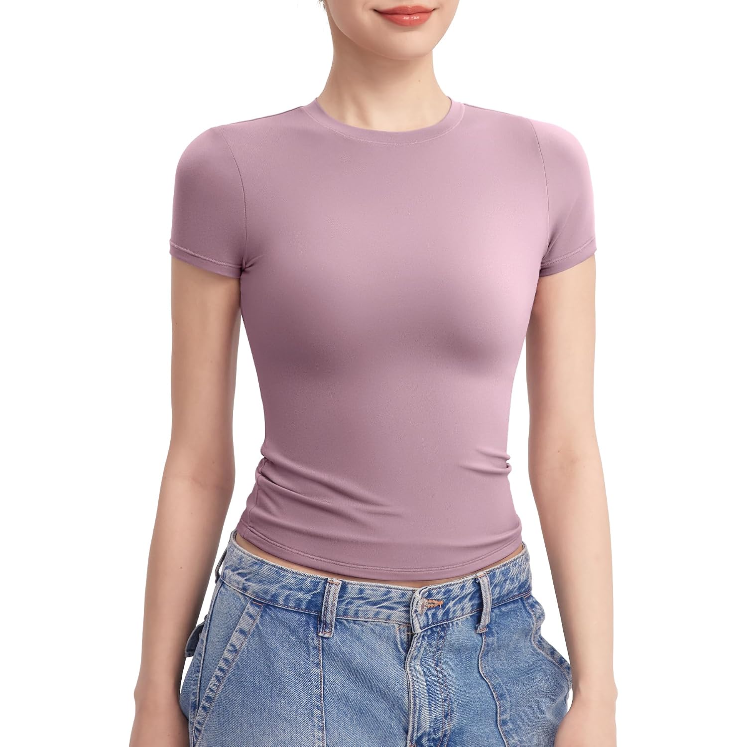 Pumiey Women'S Crew Neck Short Sleeve Tops Double Lined Slim Fit T Shirts Basic Tee Smoke Cloud Pro Collection