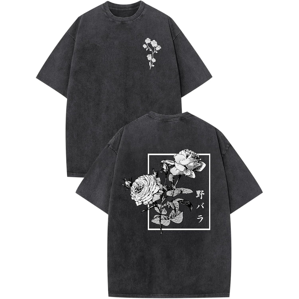 Japanese Graphic Tees For Men Harajuku Rose Flower Floral Shirts Cool Vintage Oversized Streetwear Acid Wash Tops