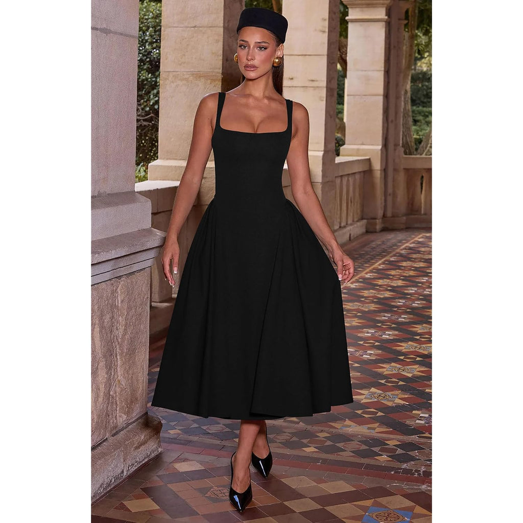 Memoriesea Women'S Elegant Square Neck Swing A Line Wedding Evening Party Midi Dress