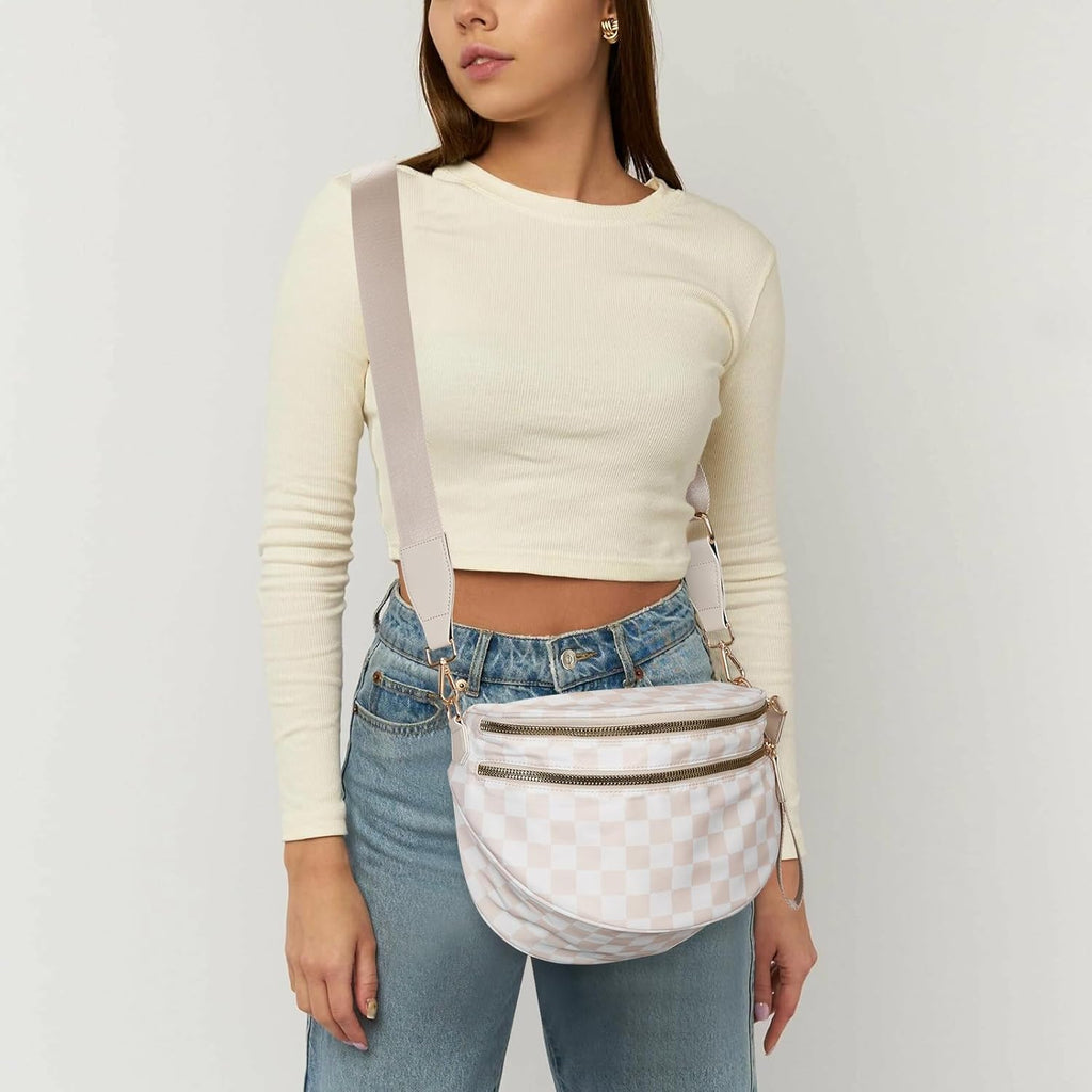 hibear Checkered Crossbody Bag Spacious Bum Bags for Women Nylon Crossbody Fanny Packs Checkered Purse Belt Wallet