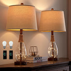Bedside Table Lamps Set Of 2 With Usb & Faily Night Lights, Farmhouse Boho Bedroom Lamps With Rattan, Night Stand  Glass Table Lamps For End Side Table, Bulbs Included
