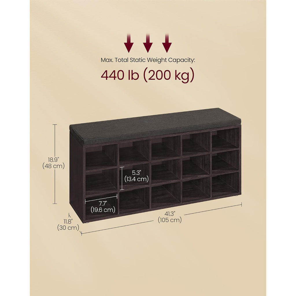 Vasagle Custos Collection - Shoe Bench, Storage Bench With Padded Seat, Entryway Bench With 15 Compartments, For Bedroom, 11.8 X 41.3 X 18.9 Inches, Espresso Brown And Chestnut Brown Ulhs15Br
