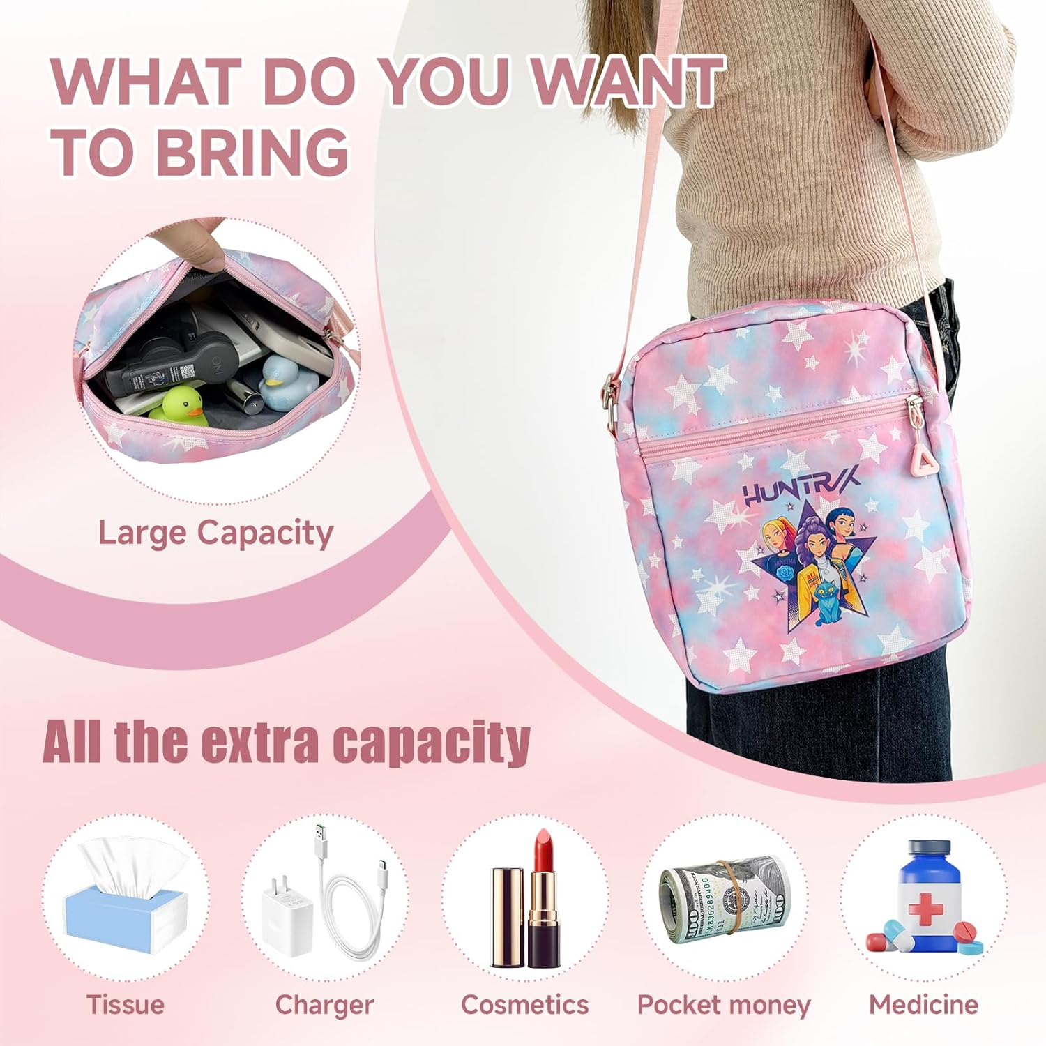 K-pop Crossbody Bag with Zipper, Cute Cartoon Shoulder Bag with Adjustable shoulder straps, Anime Merch for Womens Birthday Gifts