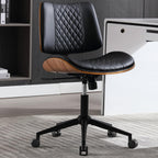 Home Office Chair No Arms With Wheels, Adjustable Height Small Desk Chair, Pu Leather Mid Back 360 Swivel Computer Chair, Armless Modern Walnut Chair For Office, Reading Meeting Room(Black)