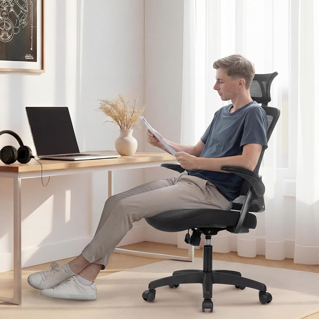 Neo Chair Office Desk Chair Gaming Computer High Back Support Mesh Comfy Seat With Adjustable Ergonomic Headrest Lumbar Rolling Flip-Up Armrests And Wheels (Black)